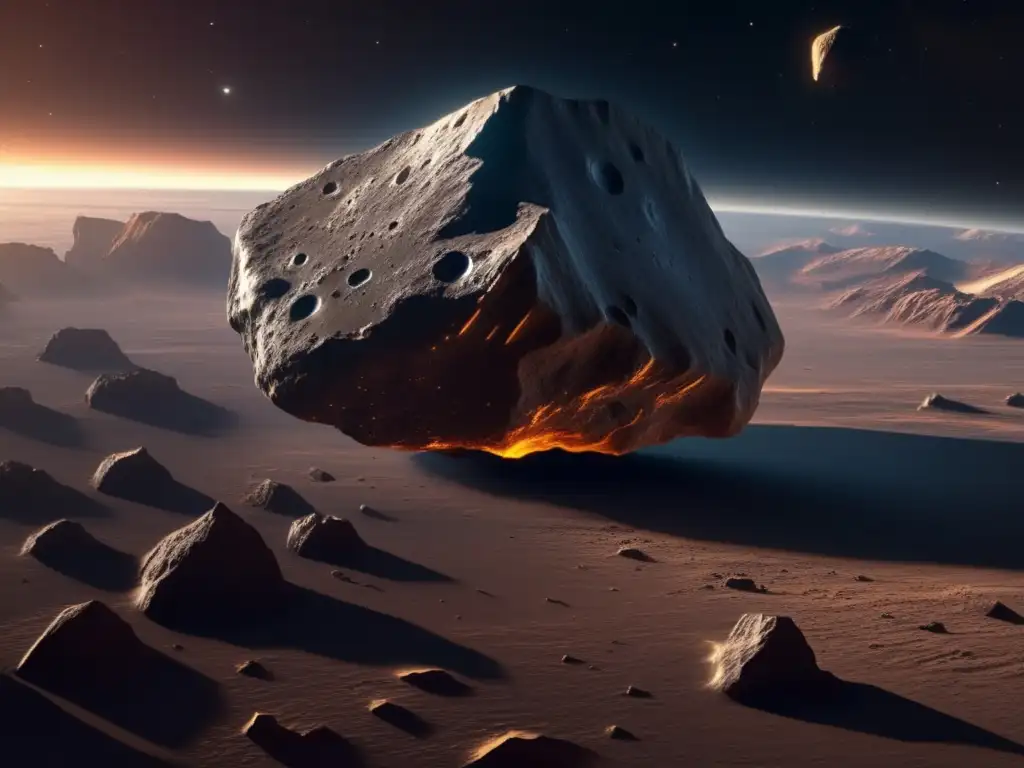 Exploración asteroides irregulares: asteroide 8k, textura rugosa y nave espacial