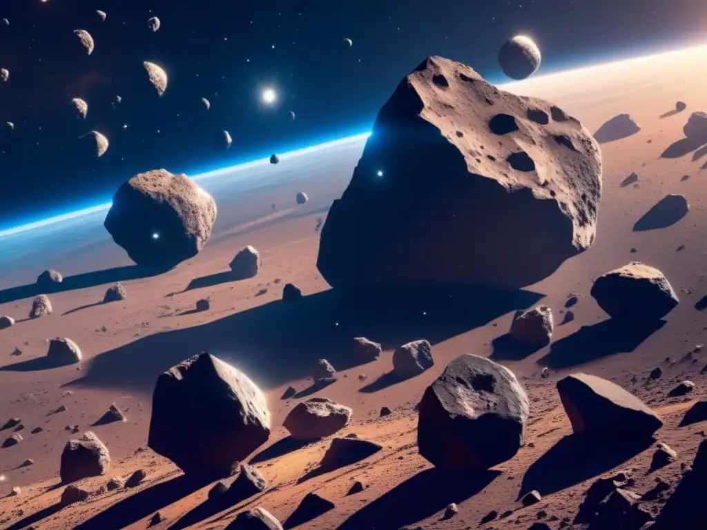 Asteroides irregulares en el universo: Cluster de asteroides flotando en el espacio, con formas, tamaños y colores variados