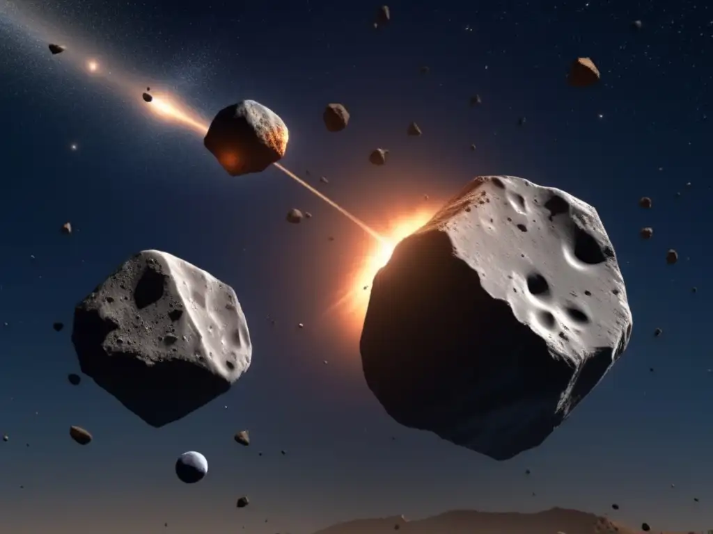 Simulación colisión asteroides irregulares, detalles únicos y texturas superficie, vasto espacio estrellado