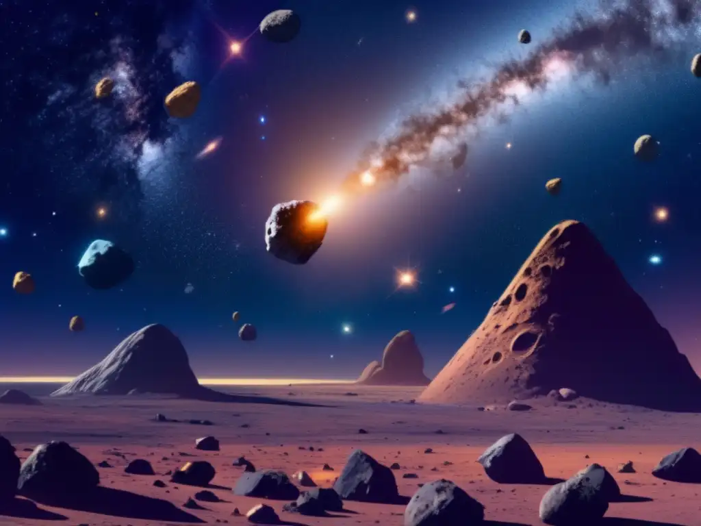 Asteroides irregulares flotan en el espacio, mientras avanzados robots buscan vida extraterrestre y minerales valiosos