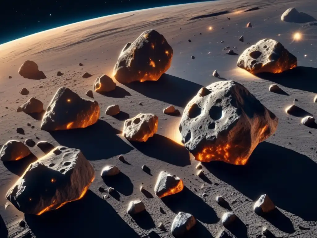 Asteroides irregulares flotan en el espacio, mostrando detalles y texturas únicas