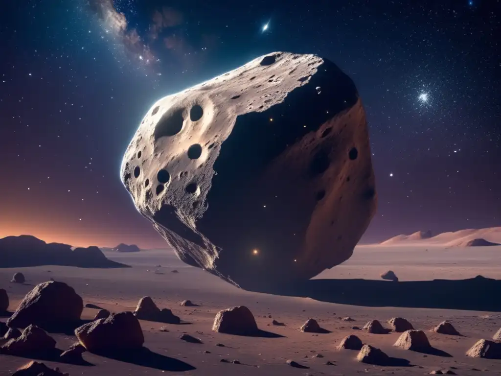 Asteroides irregulares en el espacio, con estrellas brillantes y superficie única en rocas y metales