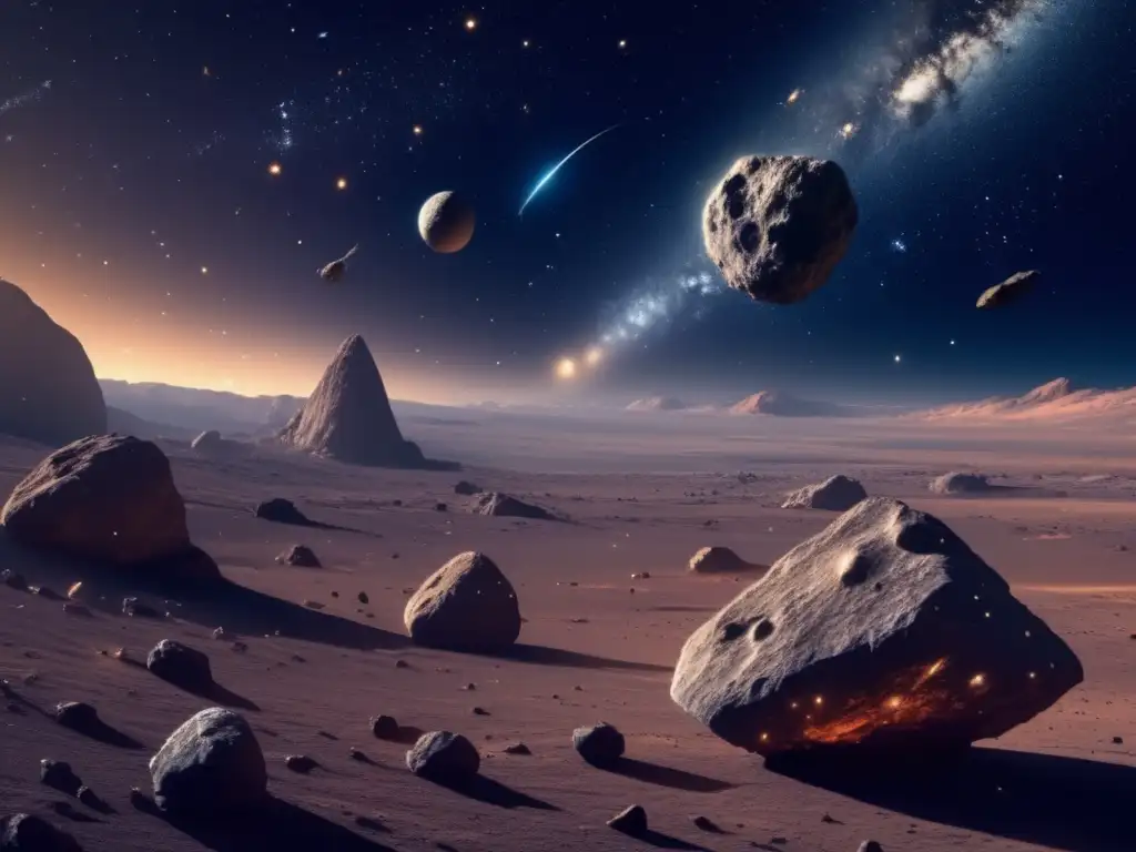 Asteroides irregulares en el espacio: una imagen detallada en 8k muestra la inmensidad del espacio con estrellas y galaxias distantes