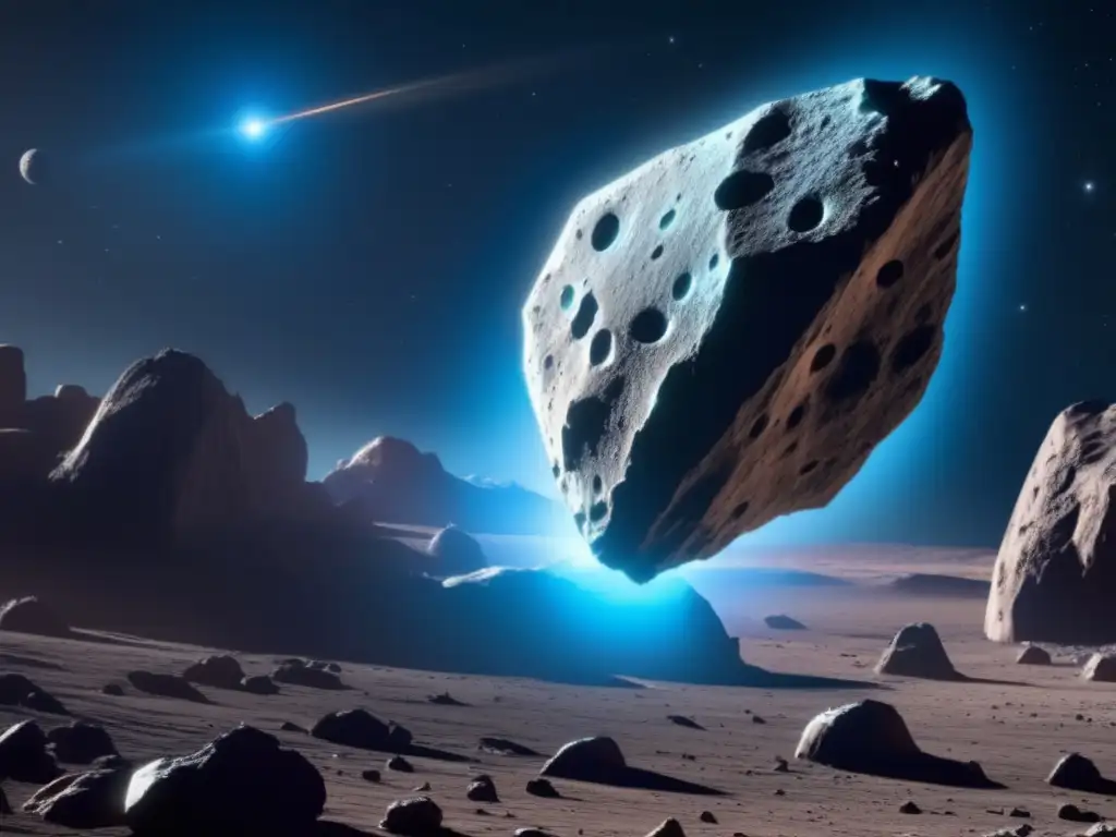 Exploración asteroides irregulares: nave espacial cerca asteroide, rocas craggy, avance tecnológico