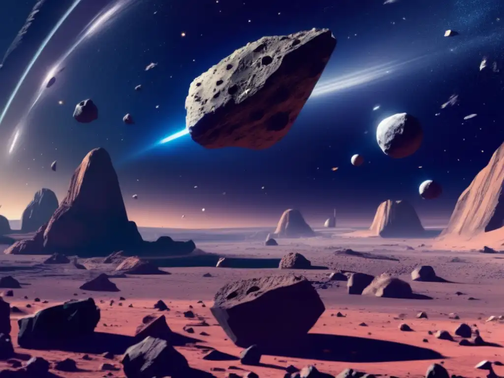 Escena: Asteroides irregulares y nave espacial futurista en la adaptación de vida terrestre en asteroides