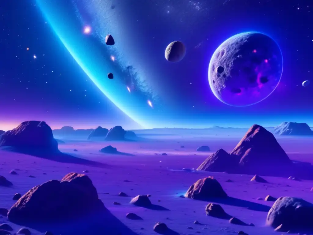 Asteroides irregulares en el universo: una espectacular imagen cósmica con asteroides de diferentes formas y tamaños flotando en el espacio, rodeados de tonos azules y violetas