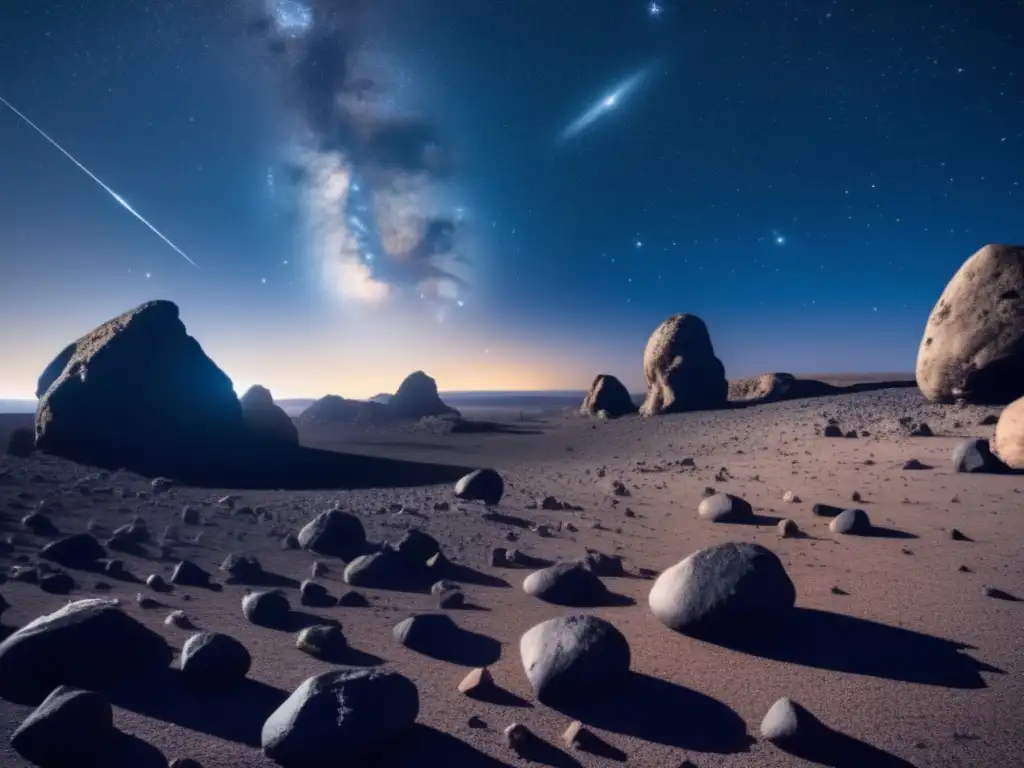 Asteroides irregulares en el universo: vista nocturna impresionante, estrellas infinitas, relación cósmica