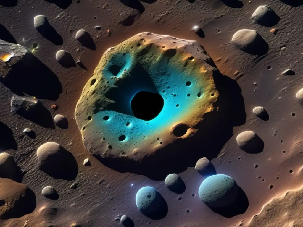 Composición asteroides: laboratorio natural único - Vista detallada de superficie con texturas y minerales coloridos, cráteres y cielo estrellado