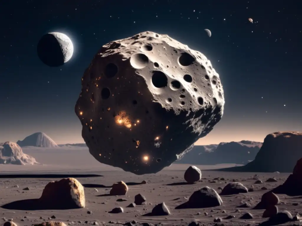 Exploración asteroides lunares, cuerpo rocoso con cráteres, superficie gris y marrón, luna, sombras, estrellas