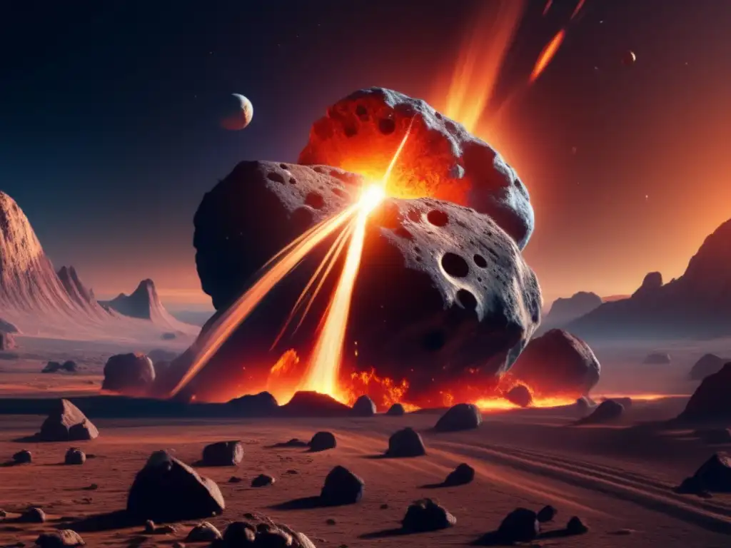Asteroides: mega roca colosal con detalles intrincados, rumbo a la Tierra, dejando una estela de escombros en llamas