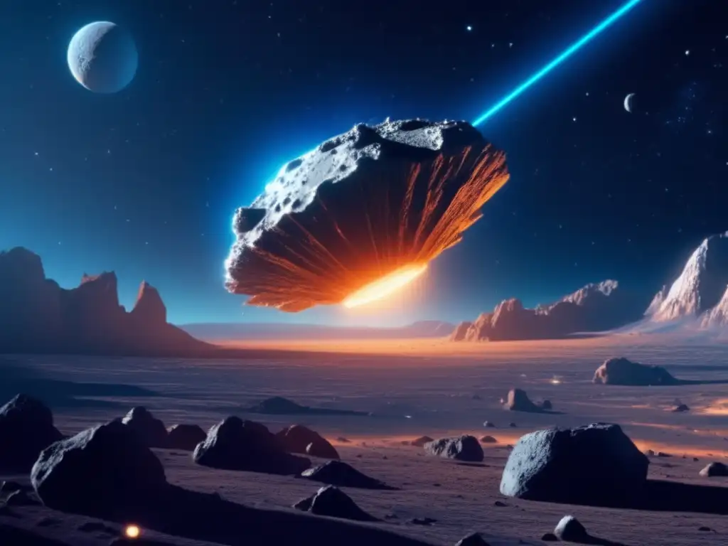 Exploración y explotación de asteroides: Nave espacial en escena cinematográfica con astronauta y asteroide rocoso en el espacio