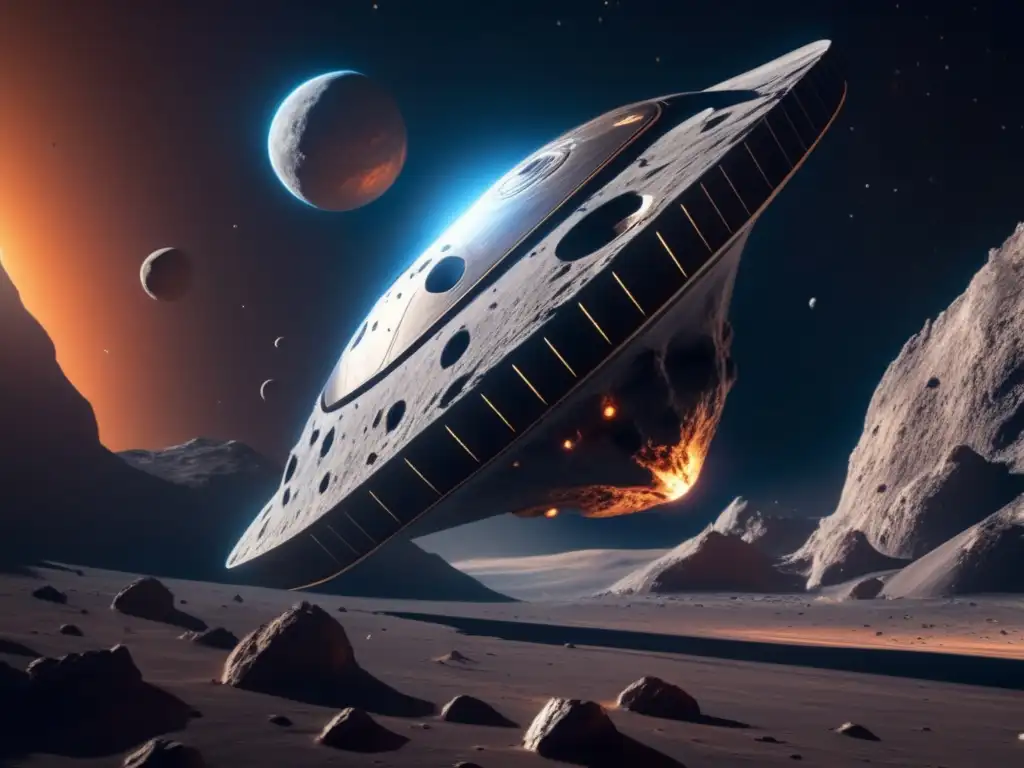 Exploración y explotación de asteroides: nave futurista cerca de asteroide