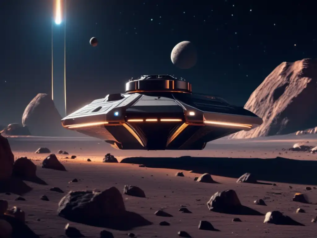 Exploración autónoma de asteroides: nave futurista sobre superficie rocosa, tecnología avanzada, vastedad del espacio