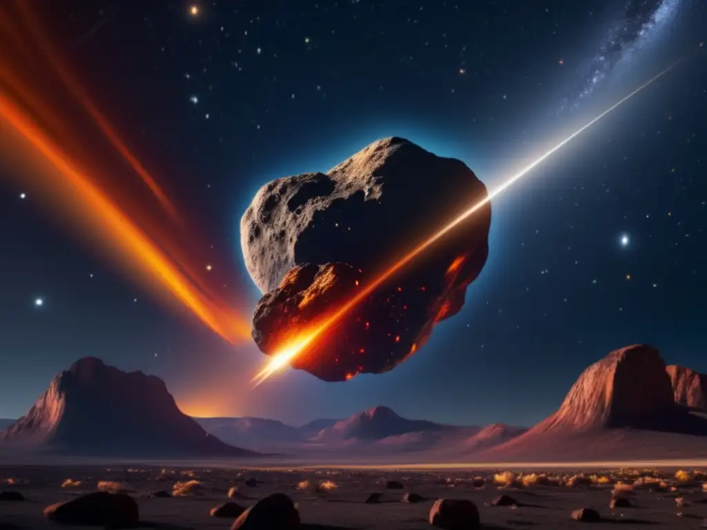 Detectando asteroides ocultos en rutas invisibles: imagen 8k de una noche estrellada con un asteroide brillante ingresando a la atmósfera terrestre