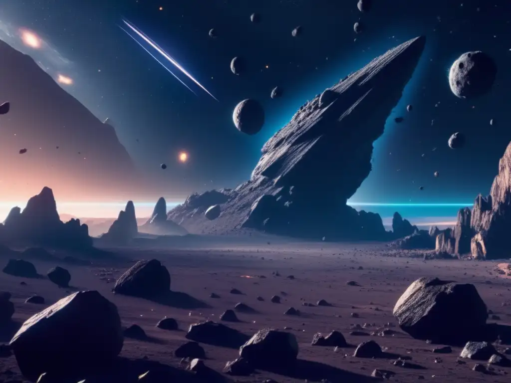 Detectando asteroides ocultos en rutas invisibles: un campo de asteroides oscuro y misterioso en 8k, con cuerpos rocosos flotando en el espacio
