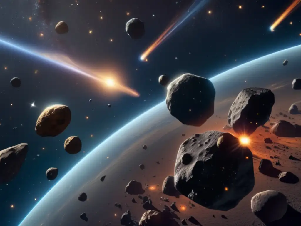 Asteroides en órbita cambiante: vista impactante del espacio, con asteroides de distintos tamaños y formas, iluminados por estrellas cercanas
