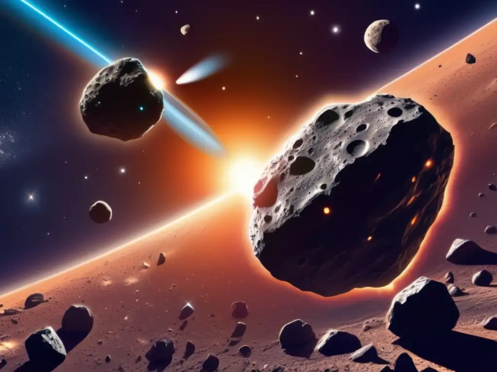 Dos asteroides en órbita cercana en el espacio, con el sol brillando detrás