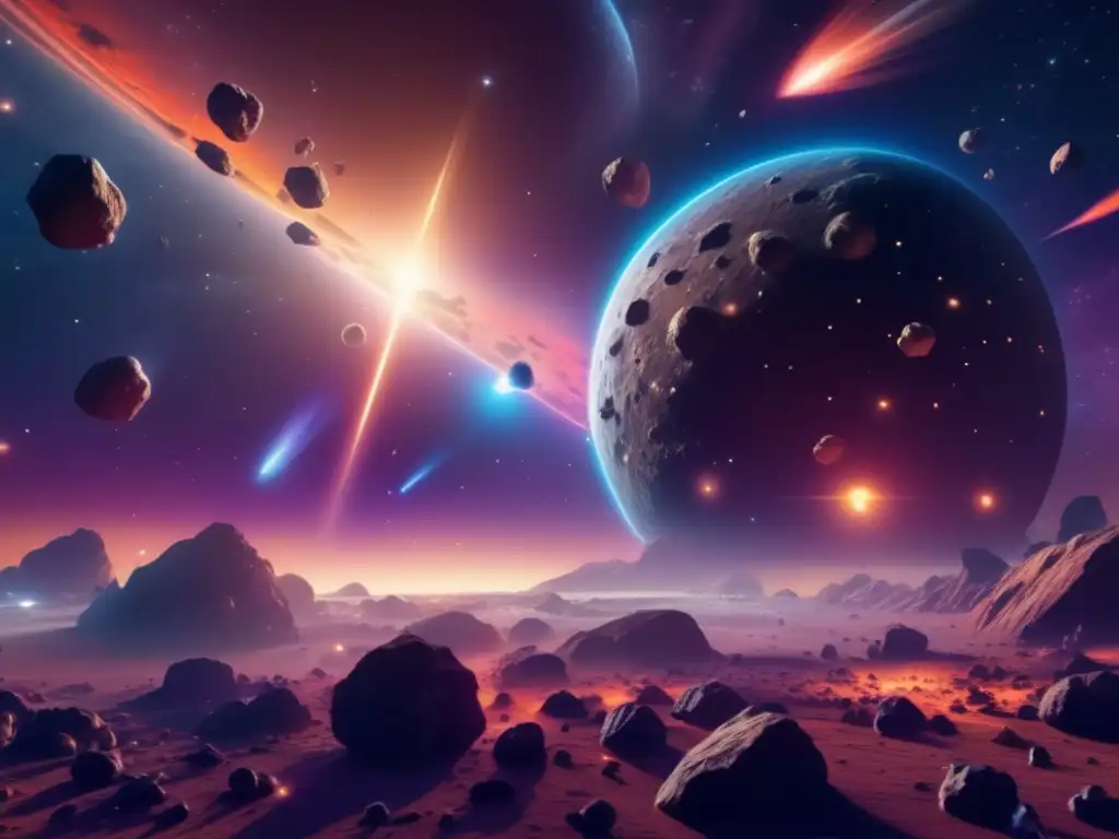 Asteroides con órbitas cruzando planetas: Imagen 8k impresionante de un fascinante campo de asteroides suspendidos en un espacio infinito, iluminados por estrellas distantes y destacando sus características geológicas únicas