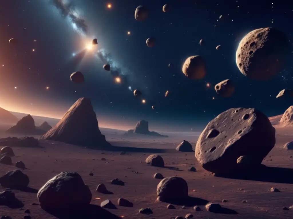 Exploración y explotación de asteroides en un paisaje espacial con nebulosa y nave minera