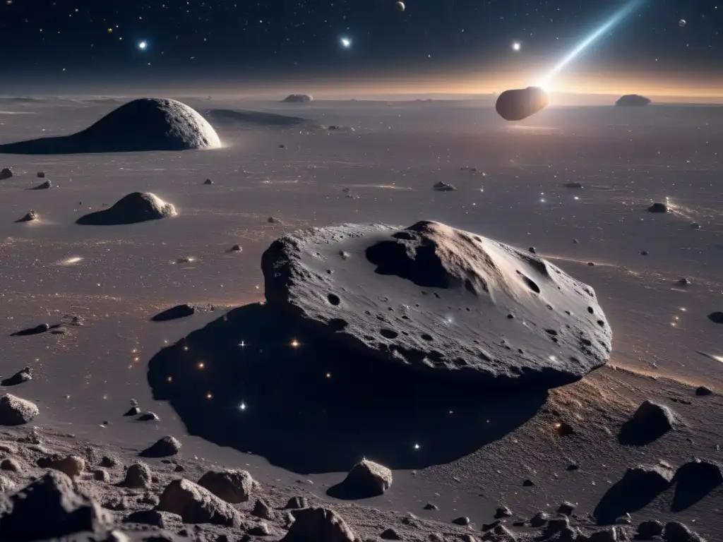 Evaluación asteroides peligrosos con drones: imagen 8k de espacio infinito con asteroide, drones avanzados y detalle excepcional