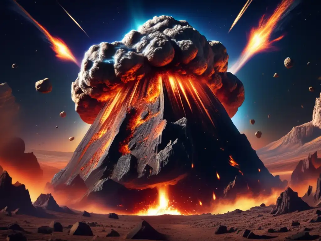 Asteroides peligrosos tierra defensa: Asteroide masivo acercándose a la Tierra con fuego y escombros