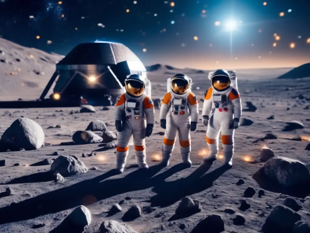 Exploradores en asteroide: Espacio infinito Sobreexplotación de asteroides: prevención y tratados en fascinante imagen del espacio con astronautas y maquinaria minera