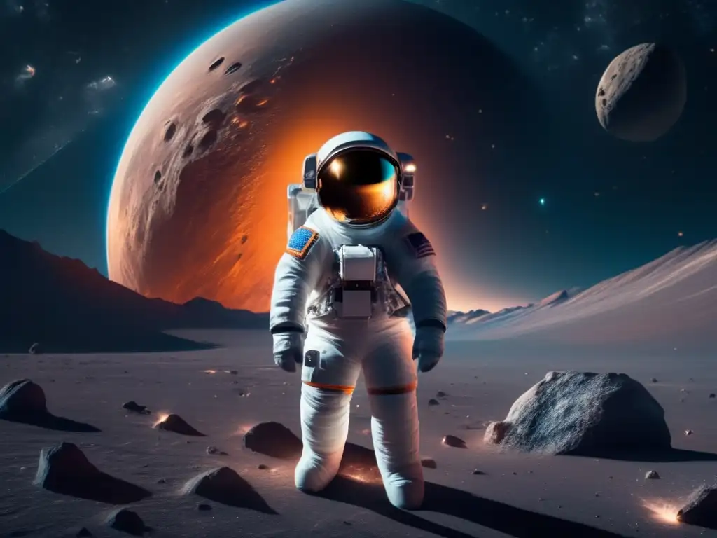 Exploración asteroides: psique colectiva, astronauta flotando en el espacio estelar