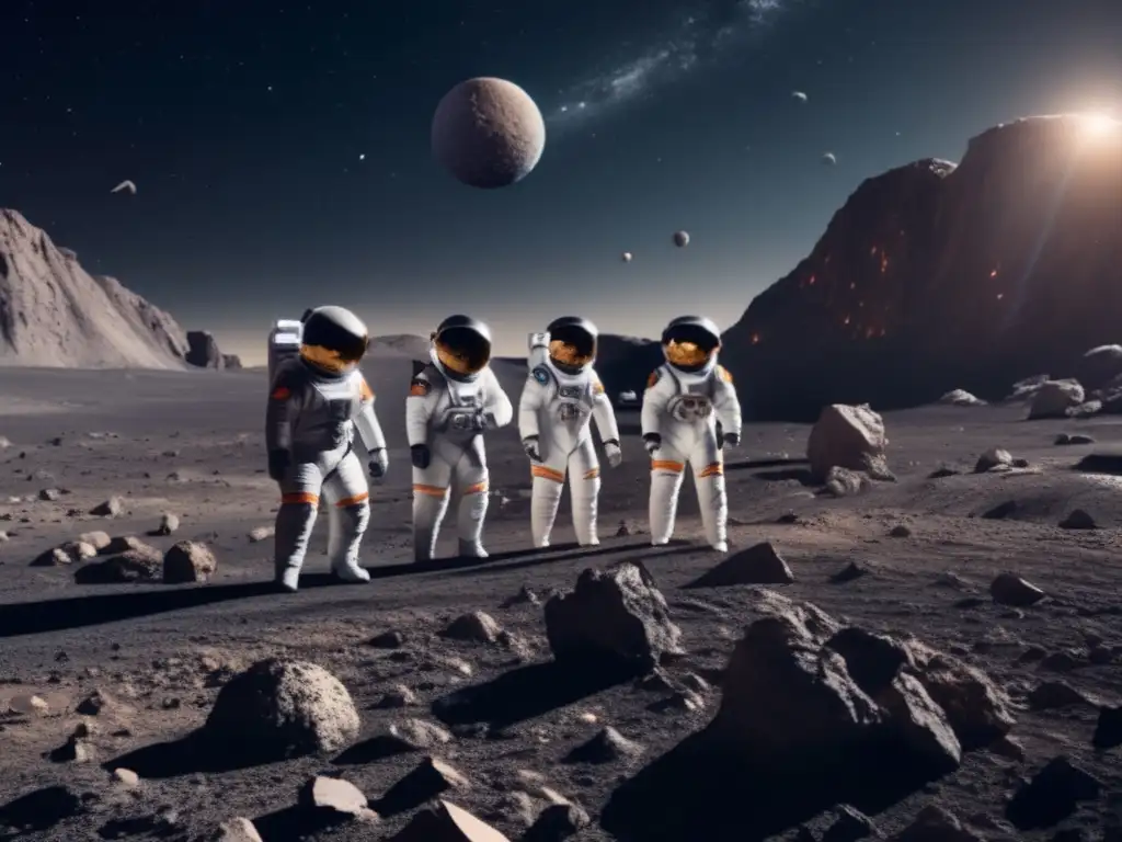 Exploración asteroides: psique colectiva, gente en traje espacial en asteroide rocoso, rodeados de espacio infinito