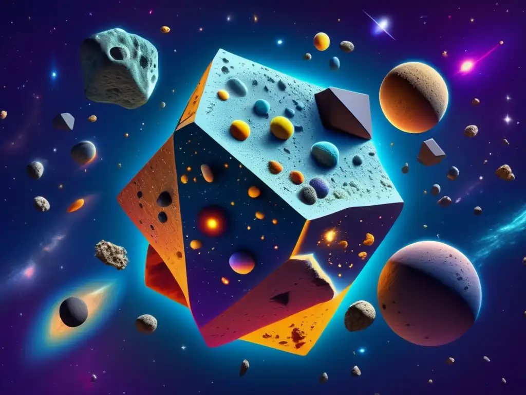 Formación y evolución de asteroides: Puzzle cósmico 8k con colores vibrantes y patrones intrincados