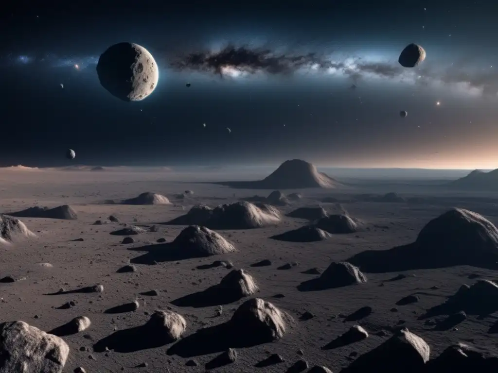Explorando asteroides como recursos en un campo estelar 8k, revelando su vastedad y belleza del espacio