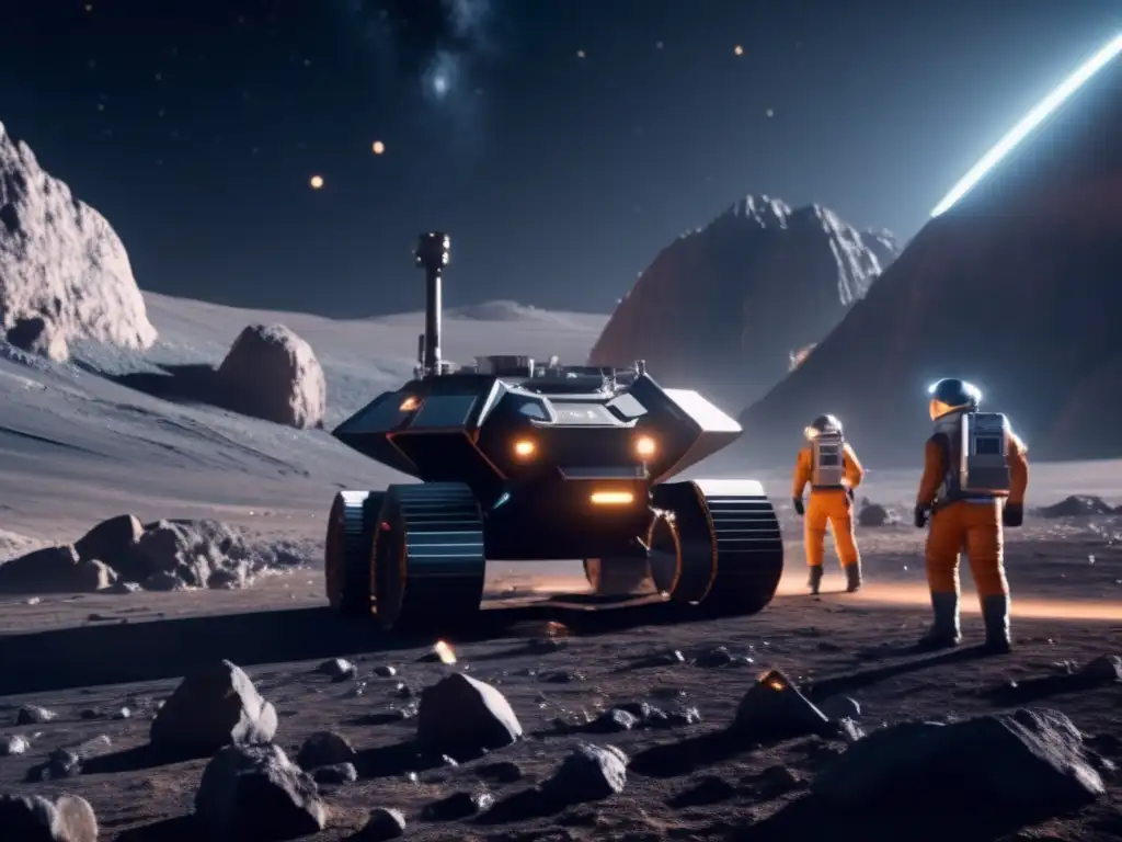 Asteroides como recursos espaciales en una imagen de minería futurista en un asteroide con astronautas y tecnología avanzada