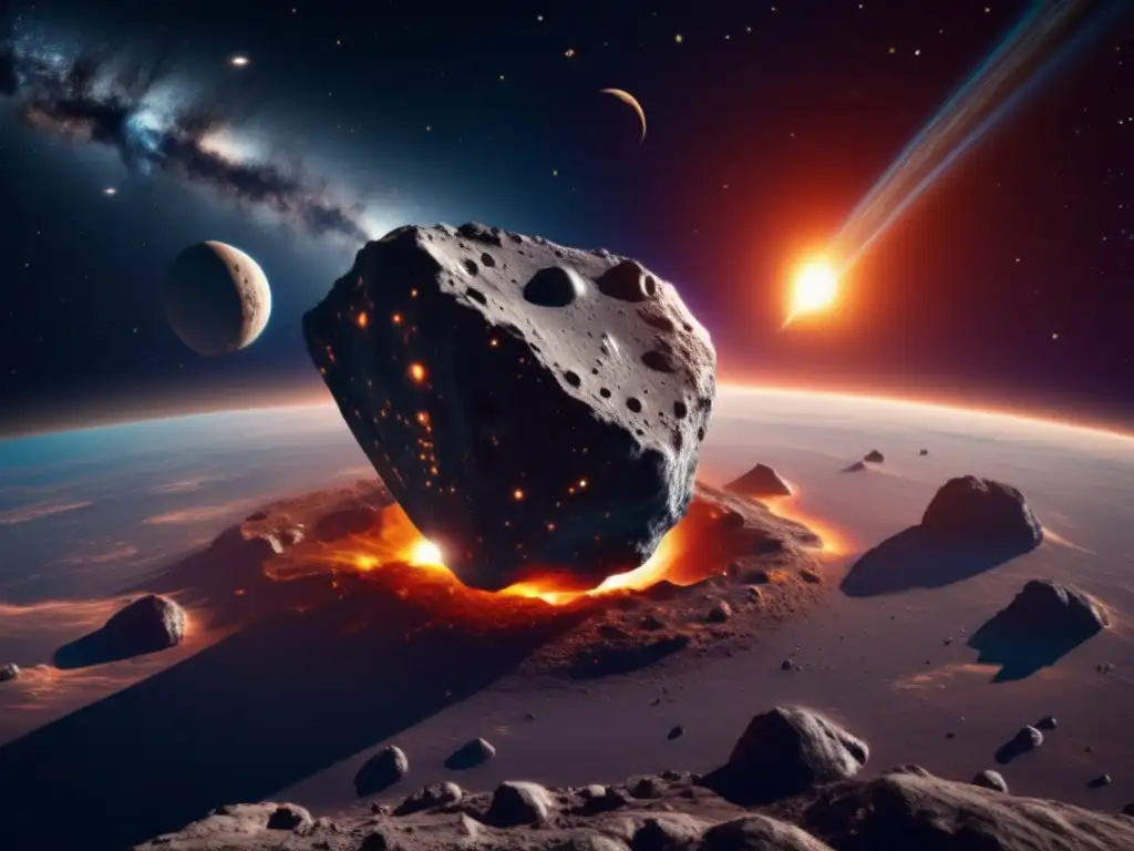 Asteroides como recursos hídricos: Majestuoso asteroide en 8k acercándose a la Tierra en escena cósmica cautivadora