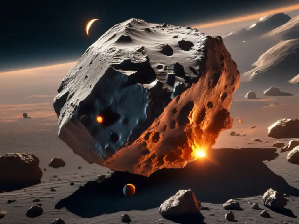 Asteroides como recursos hídricos: vista impresionante de un asteroide en el espacio, con texturas rocosas y un gran cráter