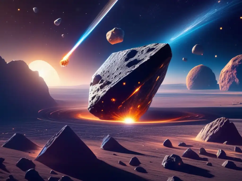 Explorando asteroides como recursos: Imagen deslumbrante de energía solar capturada en un asteroide, con paneles solares y galaxias distantes