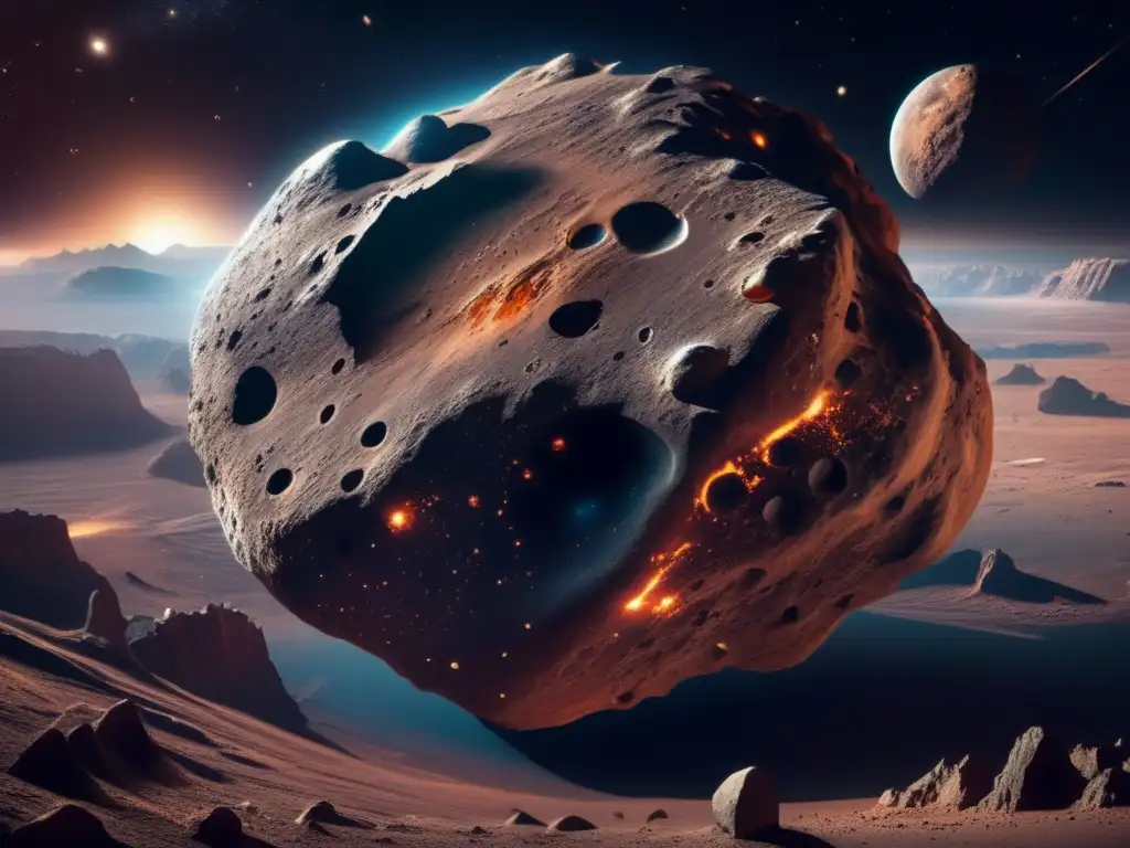 Explorando asteroides como recursos: imagen 8k de un gigantesco asteroide en el espacio, con detalles intrincados y formaciones geológicas únicas