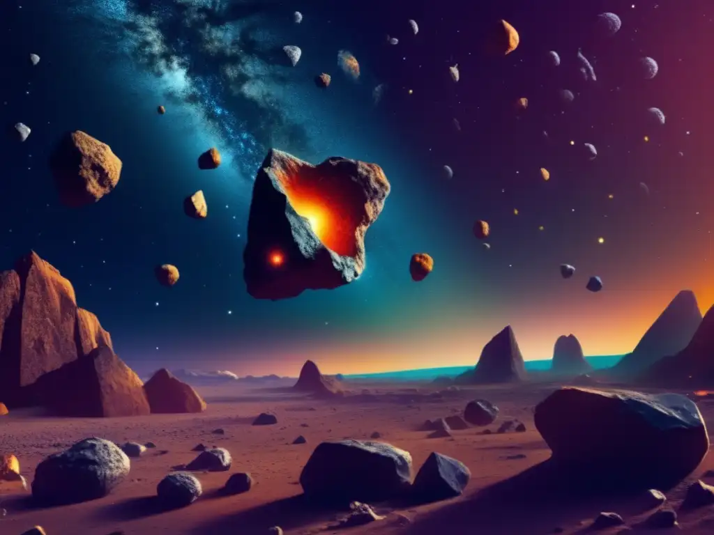 Asteroides redescubiertos: Imagen detallada 8k con un universo estrellado y asteroides de distintos tamaños y colores flotando en el espacio