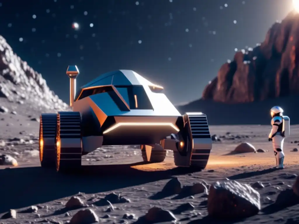 Exploración autónoma de asteroides: Robótico futurista en superficie rocosa, rodeado de espacio estelar