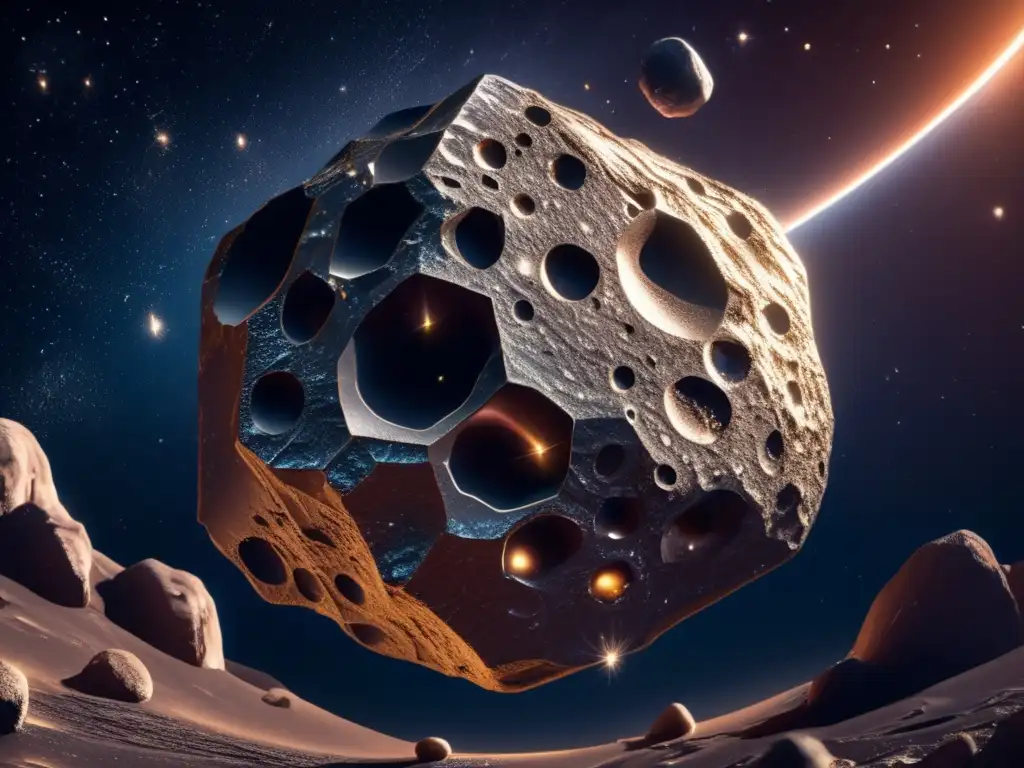 Composición asteroides sistema solar: asteroide metálico flotando en el espacio con minerales brillantes y paisaje rugoso