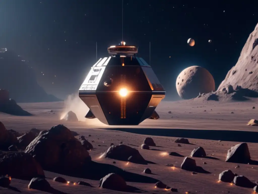 Exploración y explotación de asteroides: Sonda espacial futurista cerca de asteroide masivo en el espacio