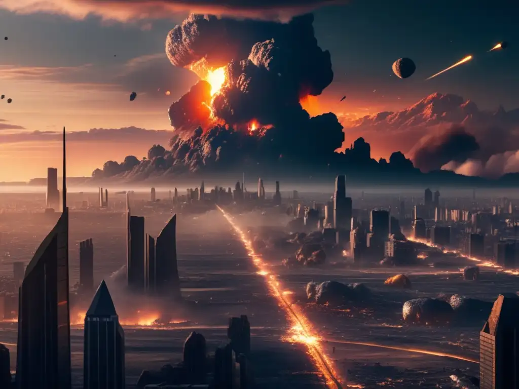Amenaza asteroides en Tierra: devastación, ciudad en ruinas, impacto, destrucción, preparación, medidas
