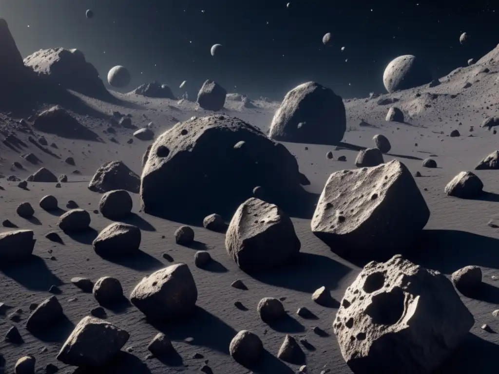 Formación de asteroides tipo C en campo oscuro y desolado, con textura y sombras destacadas