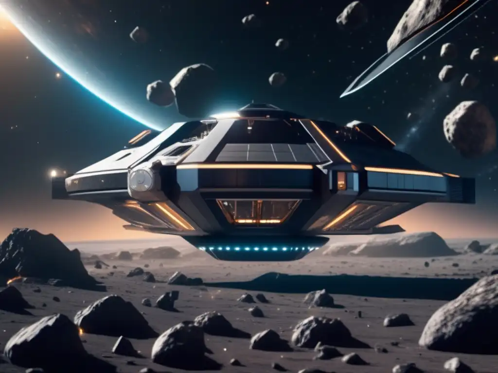 Nave futurista minando asteroides Exploración asteroides tipo C en espacio profundo