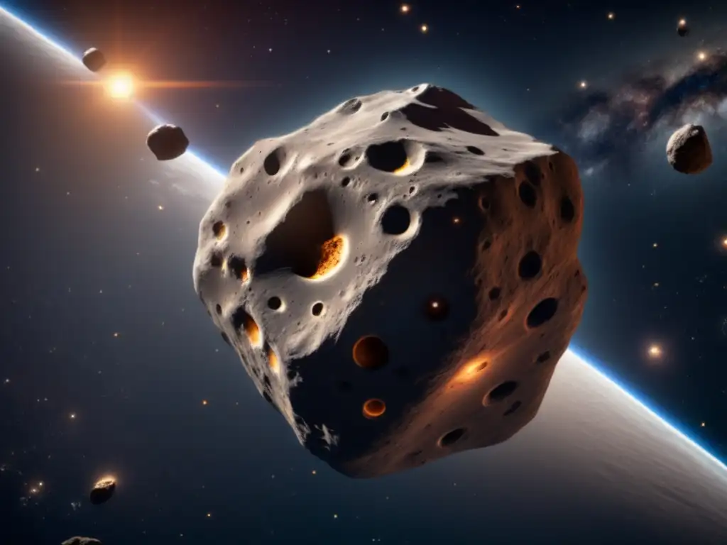 Exploración asteroides tipo E: Imagen detallada de un gran asteroide en el espacio, rodeado de estrellas