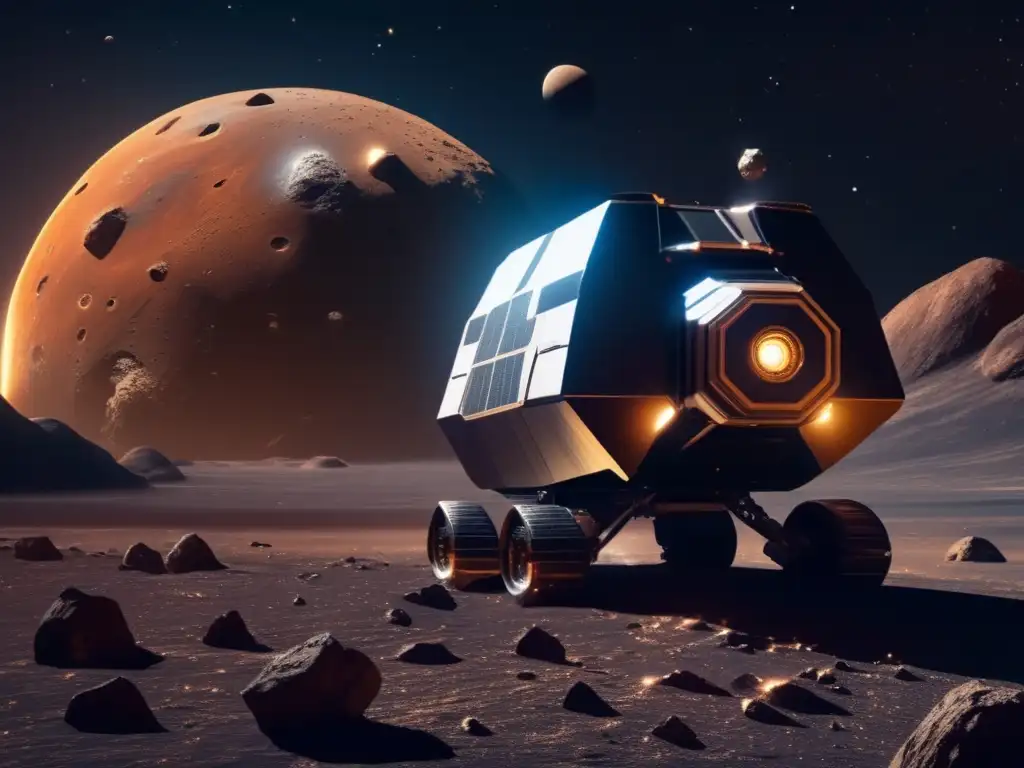 Exploración asteroides tipo E: nave espacial moderna y asteroide de enstatita, con destellos dorados y brillo metálico