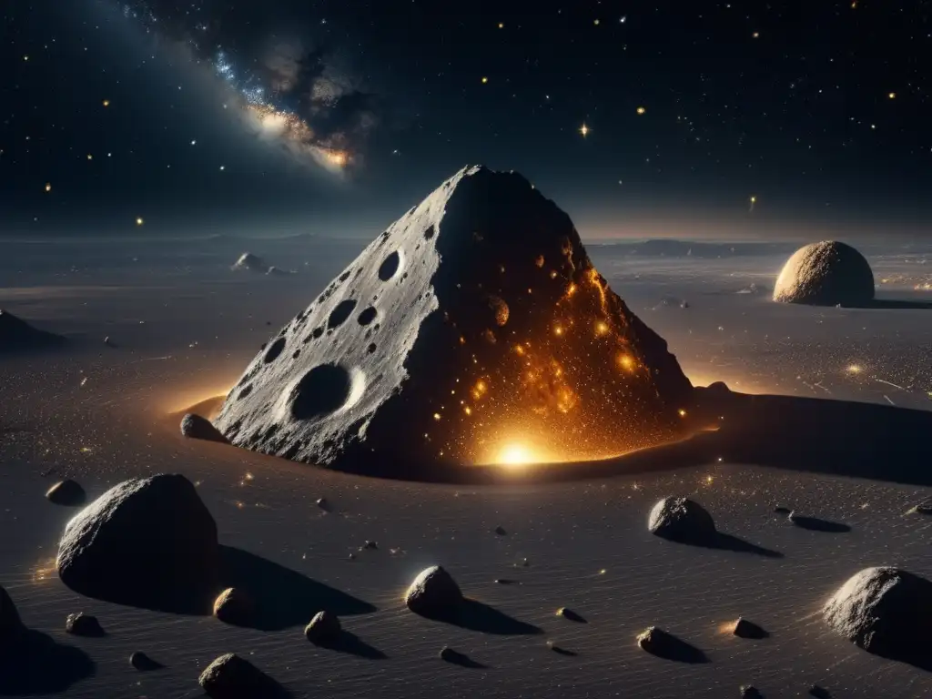 Asteroides de tipo M y oro cósmico, vista espectacular del espacio exterior con un asteroide dorado y cráteres, estrellas lejanas brillan
