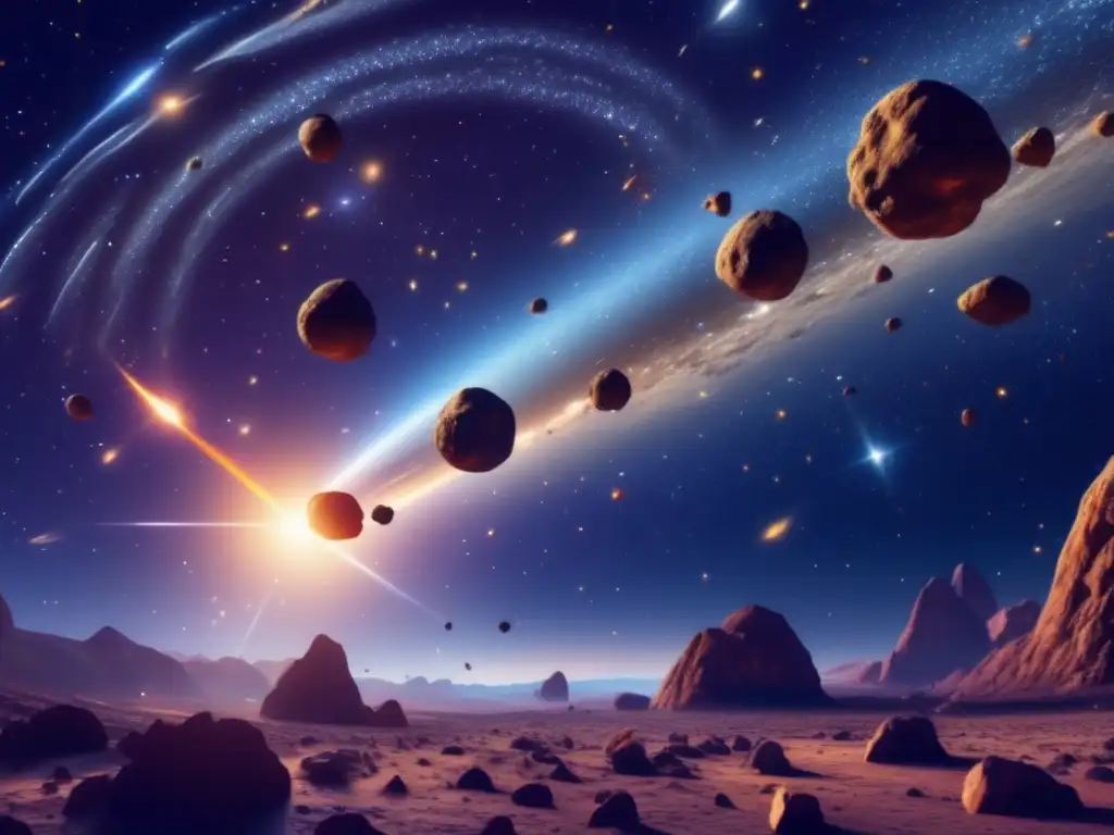Categorización de asteroides por trayectoria espacial en una impresionante imagen 8k del vasto cielo estrellado, con múltiples asteroides en diferentes tamaños, formas y colores