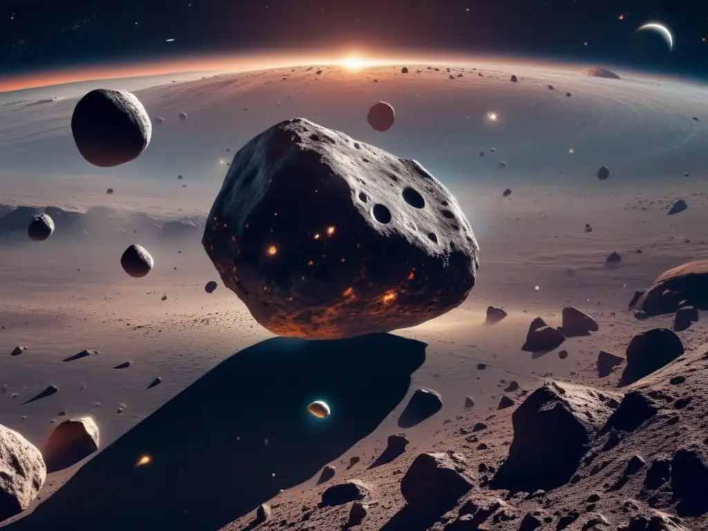 Asteroides en el universo: fascinante imagen 8k de un asteroide con texturas únicas y cráteres de impacto, iluminado por el sol en un paisaje estelar
