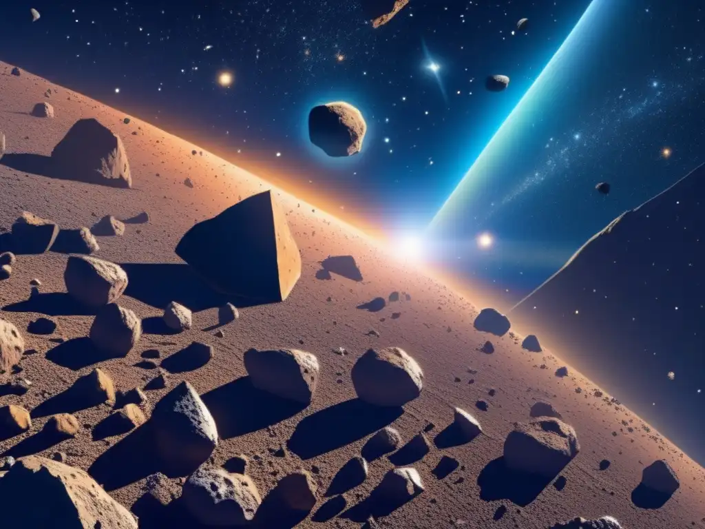 Exploración y explotación de asteroides en un vasto campo cósmico, lleno de detalles, texturas y minerales únicos
