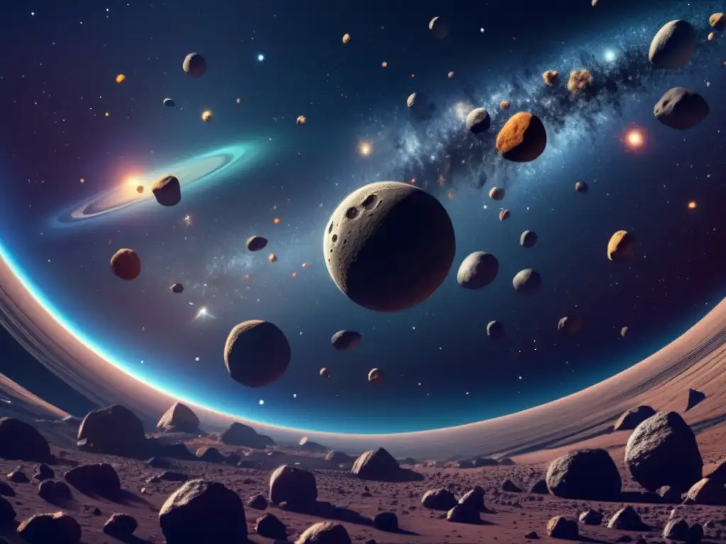 Exploración y explotación de asteroides en vasto espacio con asteroides de diversas formas, tamaños y colores, junto a cometas brillantes