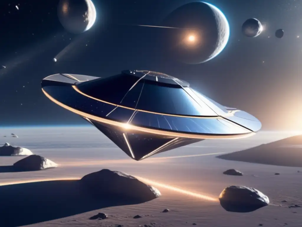 Exploración asteroides con velas solares: Nave espacial futurista flotando en el espacio, cerca de un asteroide rocoso y otros asteroides